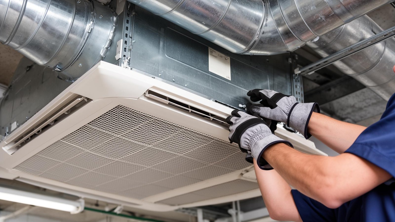 فني تنظيف مكيفات يفحص فلتر مكيف مركزي