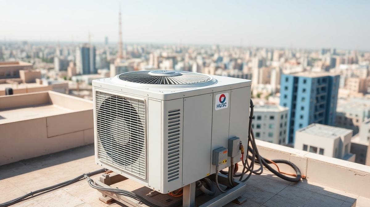 وحدة تكييف خارجية نظيفة على سطح مبنى سعودي