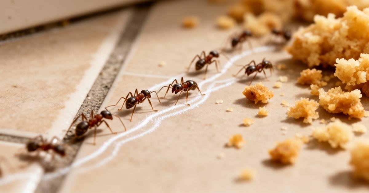 النمل في البيت يتتبع مسارات الطعام على أرضية المطبخ