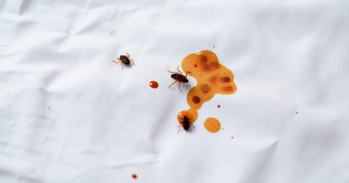 آثار وبقع بق الفراش على ملاءة سرير بيضاء