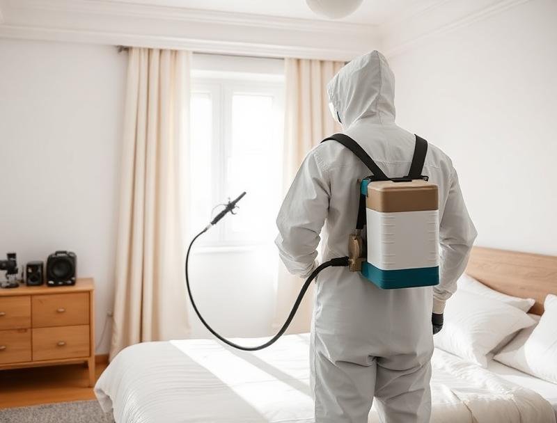 فني مكافحة حشرات يرش غرفة نوم للقضاء على بق الفراش