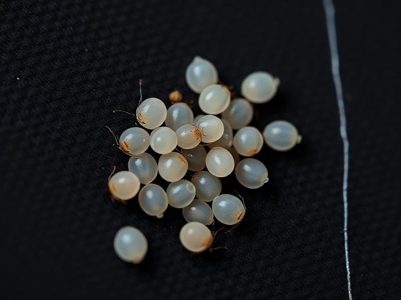 بيض بق الفراش الأبيض اللؤلؤي مُلتصق بنسيج داكن تحت التكبير الماكرو