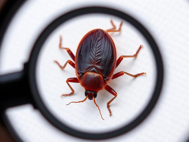 بق فراش بالغ مُكبّر تحت عدسة مكبرة يظهر جسمه البيضاوي المسطح البني المحمر