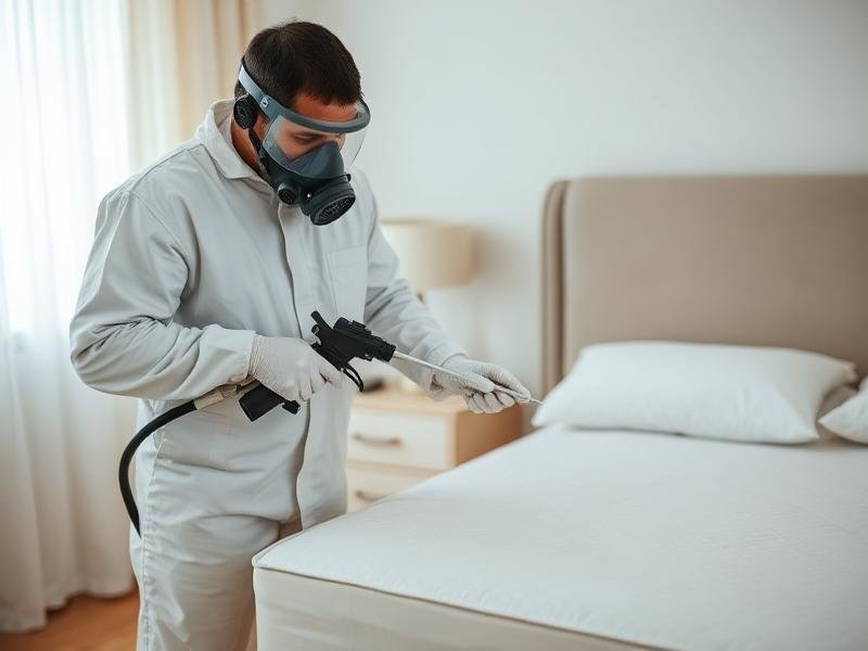 فني مكافحة حشرات محترف يرش مبيداً على مرتبة سرير لمعالجة بق الفراش