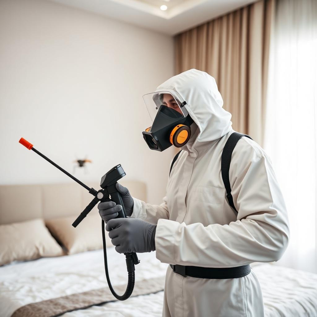 فني مكافحة حشرات محترف يرتدي بدلة حماية كاملة أثناء رش مبيد متخصص في غرفة نوم