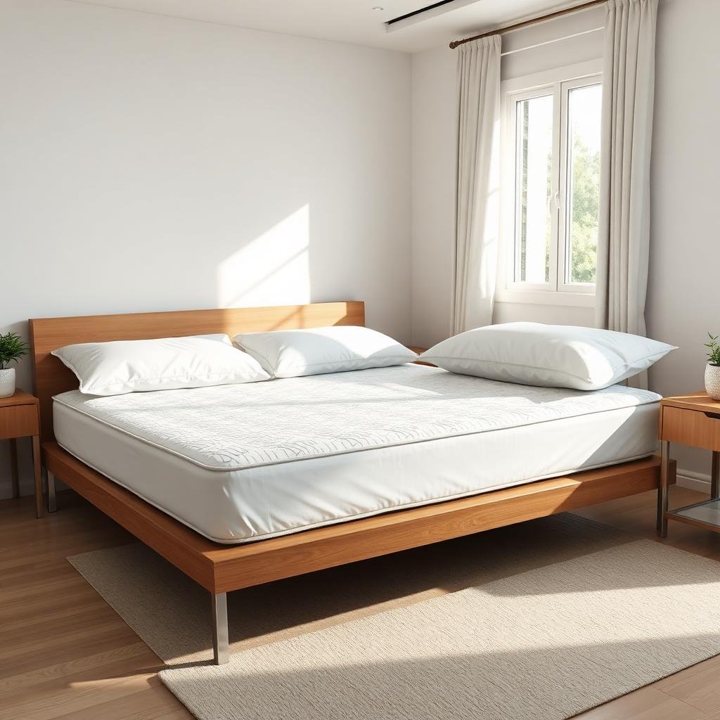 مرتبة نظيفة مع غطاء واقٍ مضاد لبق الفراش في غرفة نوم حديثة