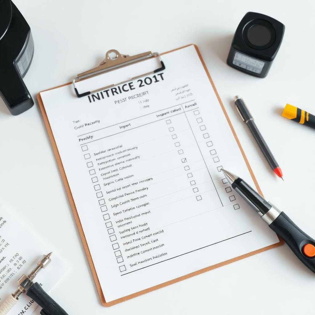 تقرير فحص مكافحة حشرات احترافي على مكتب مع أدوات الفحص