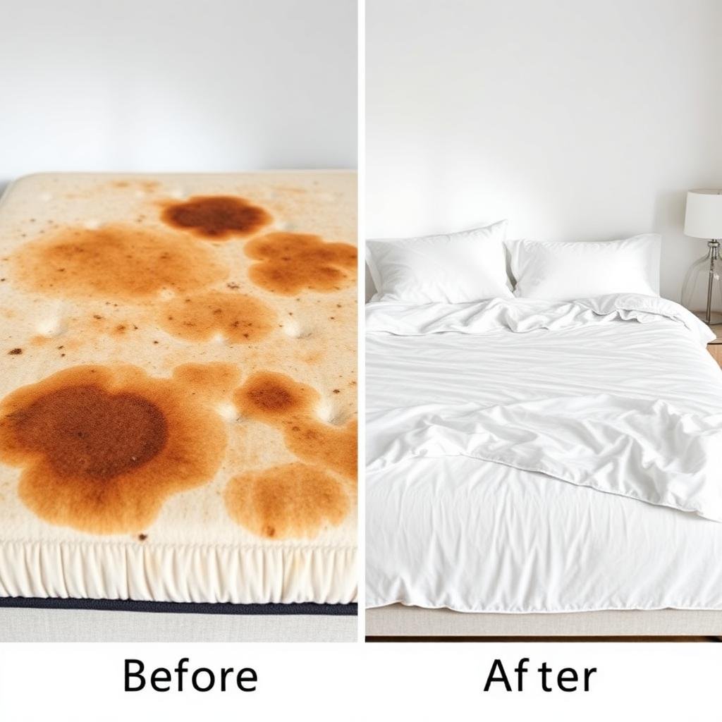 مقارنة قبل وبعد معالجة بق الفراش - مرتبة ملوثة ثم نظيفة
