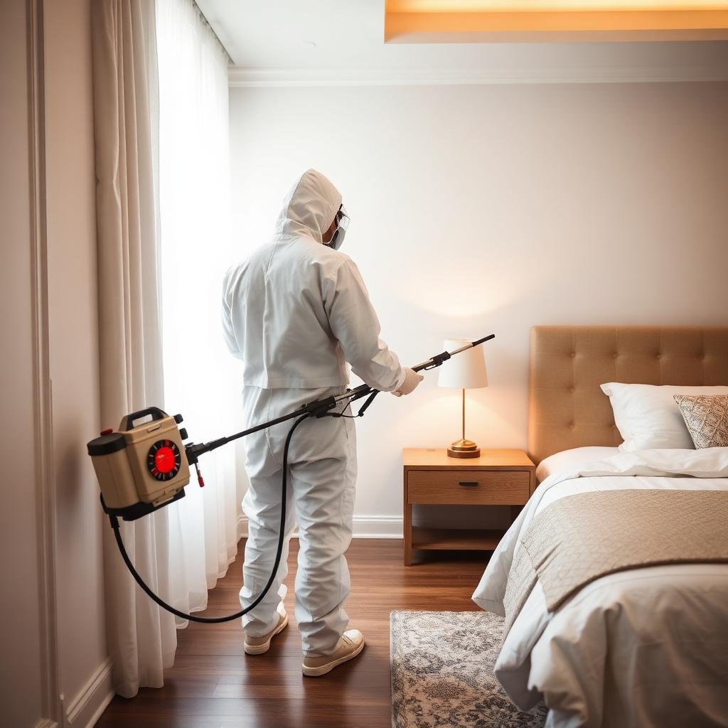 فني مكافحة حشرات بزي واقي أبيض يرش مبيداً احترافياً في غرفة نوم