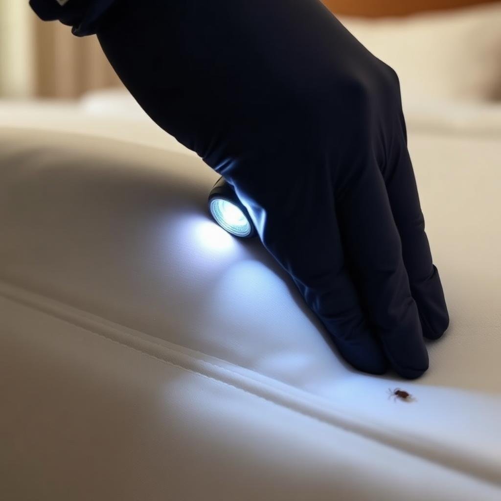 فحص حواف مرتبة فندقية بمصباح يدوي للكشف عن بق الفراش