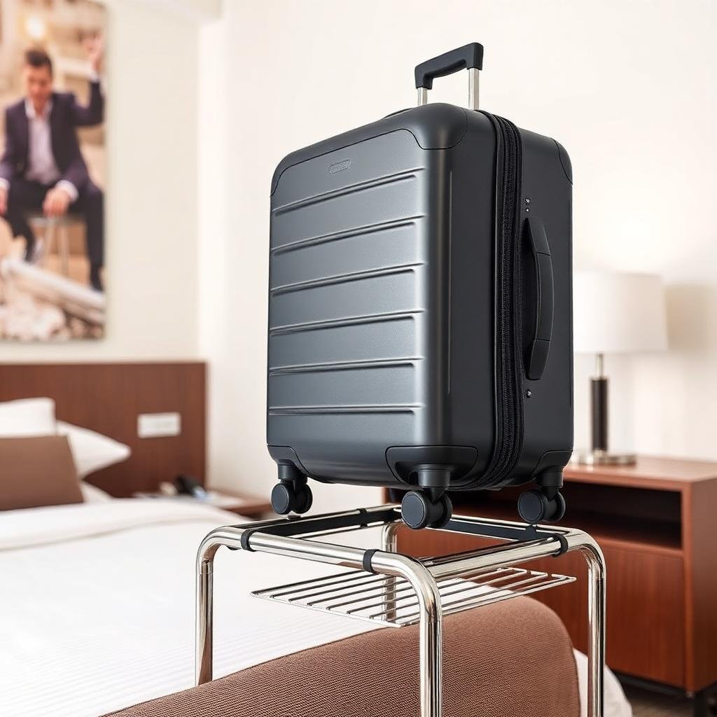 حقيبة سفر مرفوعة على حامل معدني بعيداً عن السرير لحمايتها من البق
