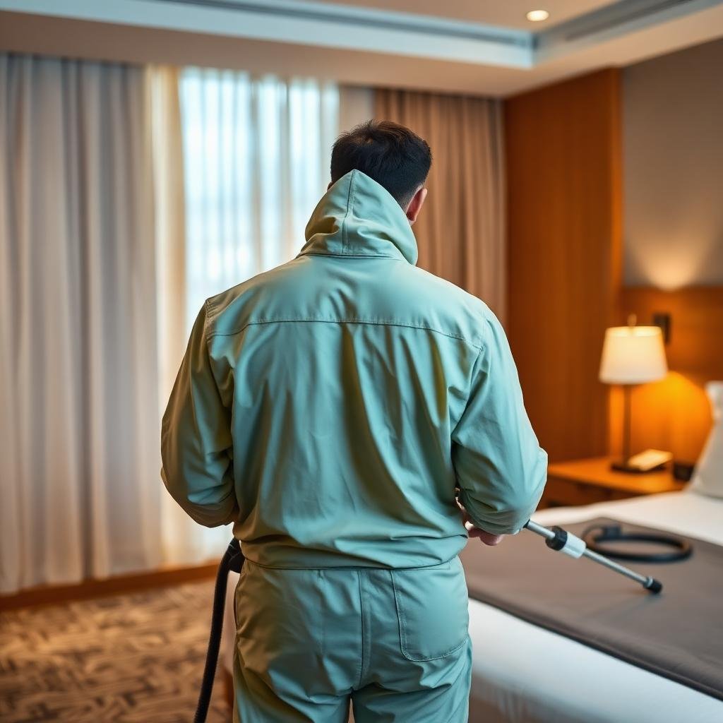 فني مكافحة محترف يفحص غرفة فندقية للكشف عن بق الفراش