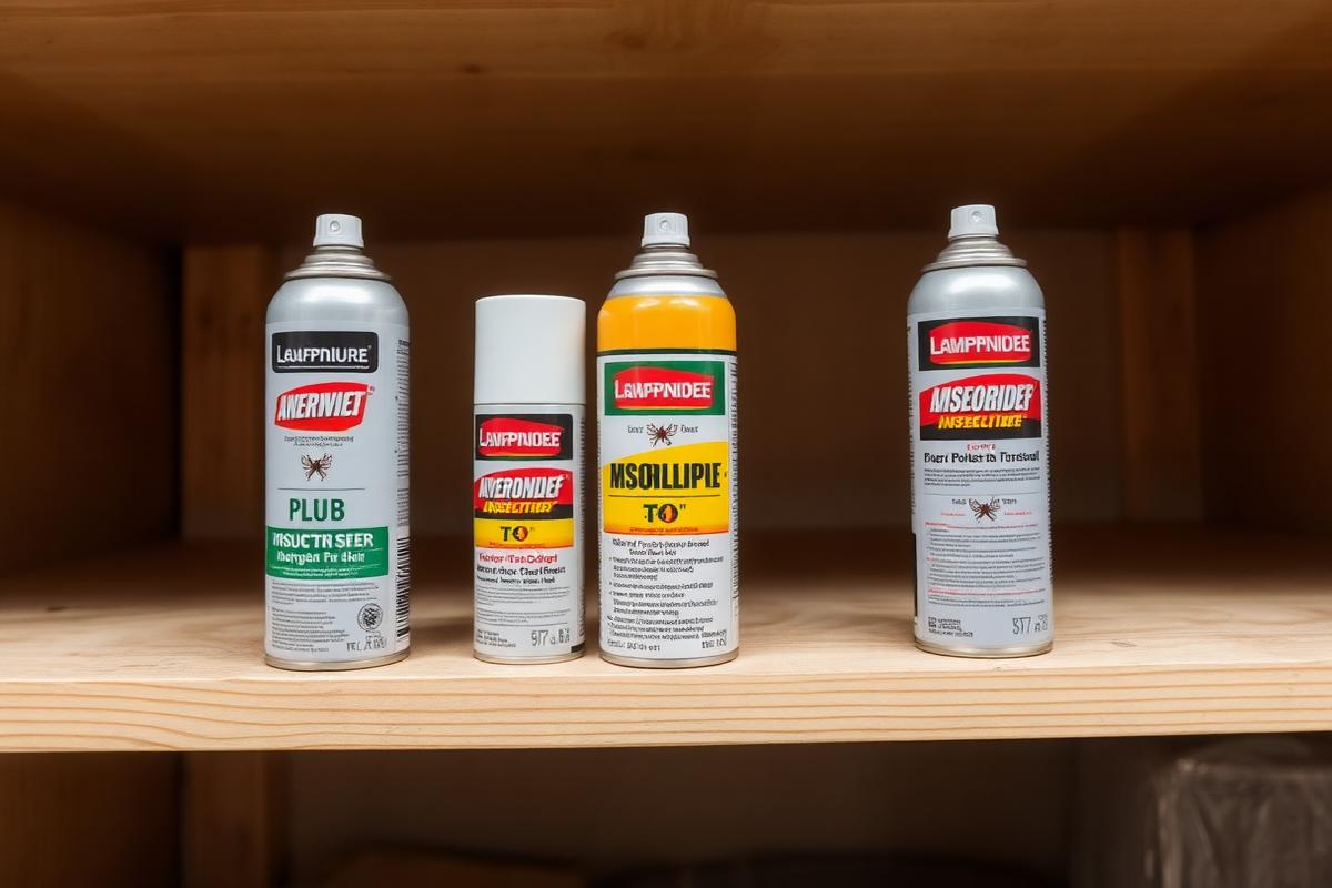 بخاخات مبيدات صراصير متنوعة على رف خشبي