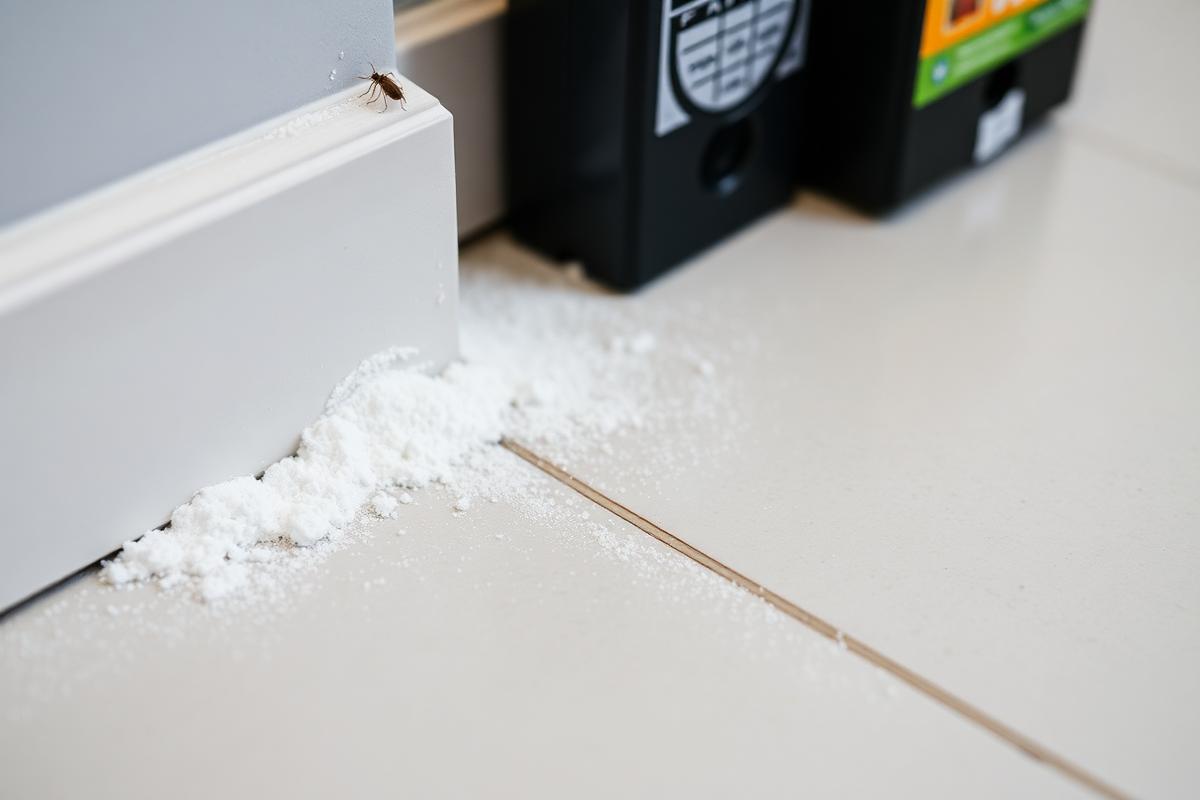 بودرة مكافحة صراصير منثورة بجانب محطة طعم على أرضية بلاط