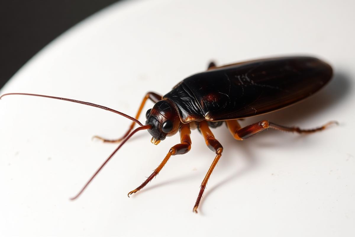 صورة ماكرو لصرصور ألماني صغير على سطح أبيض - تفاصيل تشريحية دقيقة