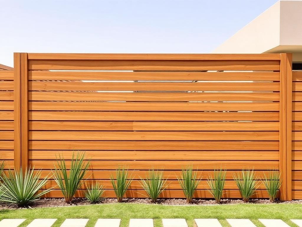 ساتر خشبي بشرائح أفقية في حديقة فيلا عصرية