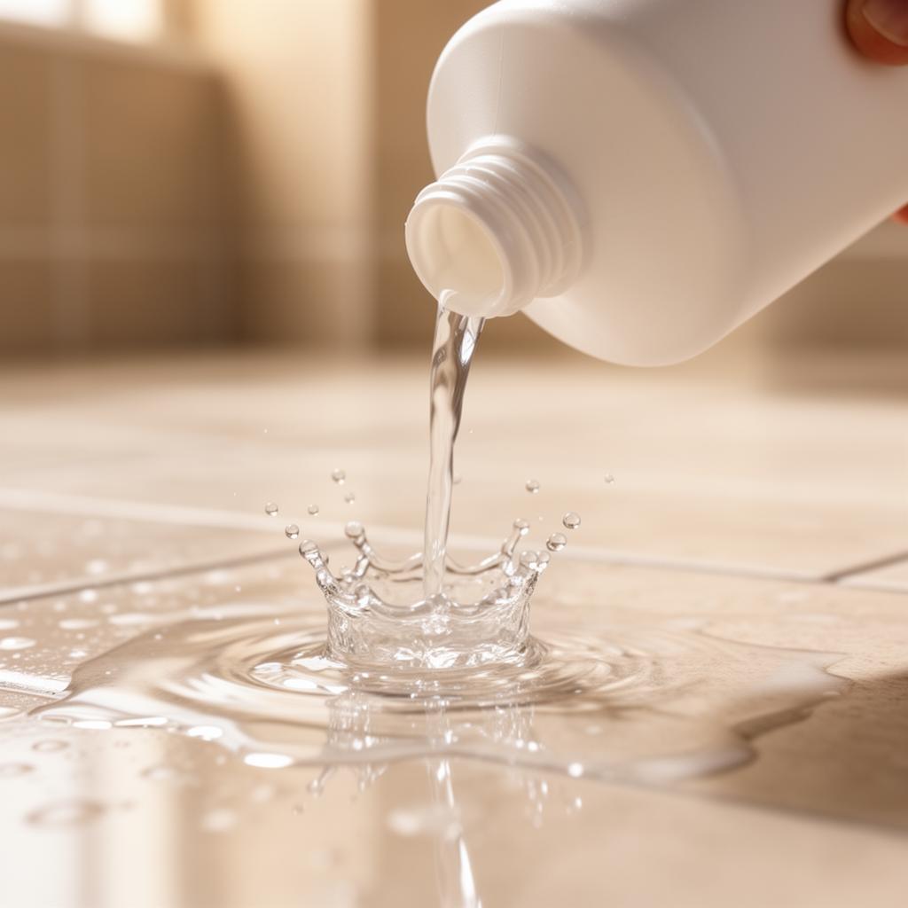 سكب منظف أرضيات على سيراميك نظيف لتوضيح طريقة الاستخدام الصحيحة