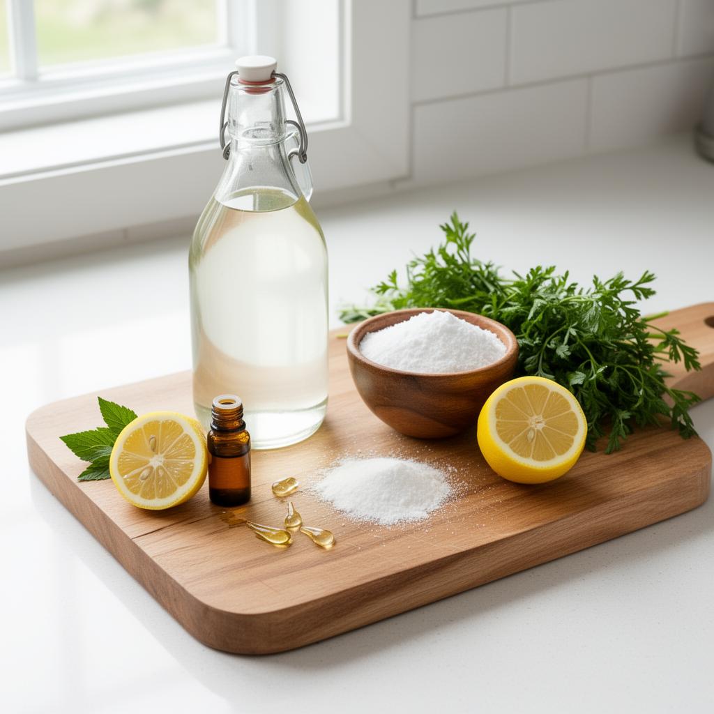 مكونات طبيعية لتنظيف الأرضيات: خل أبيض وبيكربونات الصوديوم وليمون