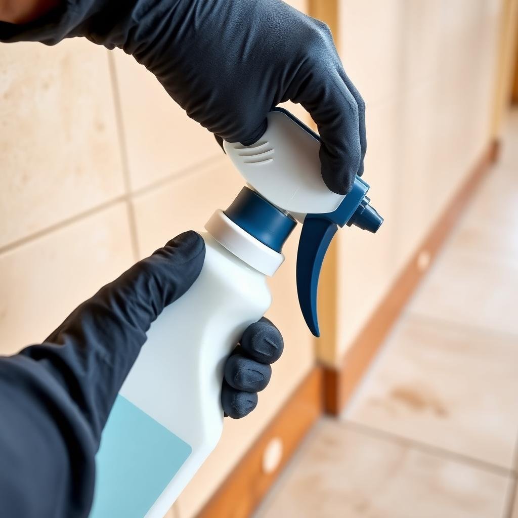 رش مبيد الوزغ بالمرشة على الحواف السفلية للجدران