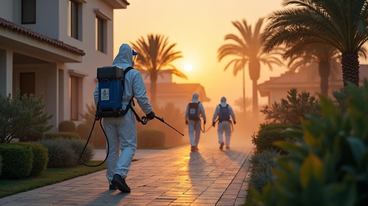 فريق مكافحة حشرات يرش محيط فيلا سعودية عند الغروب - رش مبيد الوزغ المحترف