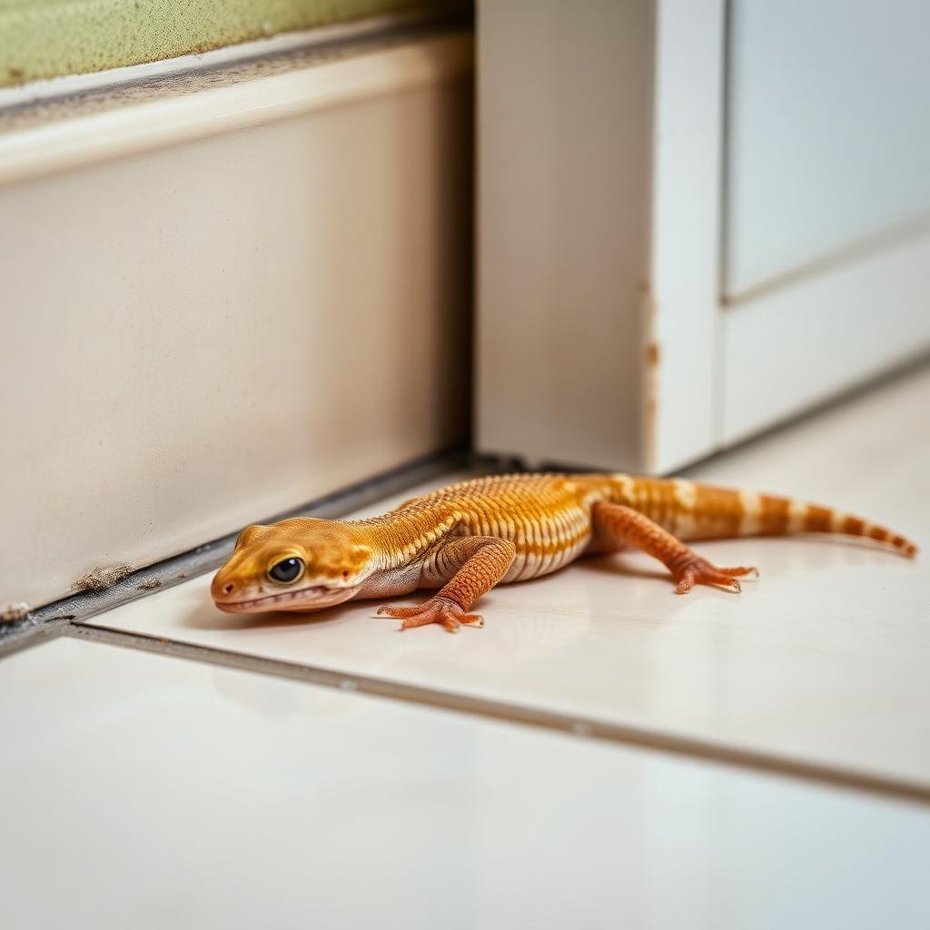 وزغ منزلي بالقرب من زاوية جدار - نتيجة استخدام مبيد فعال للوزغ
