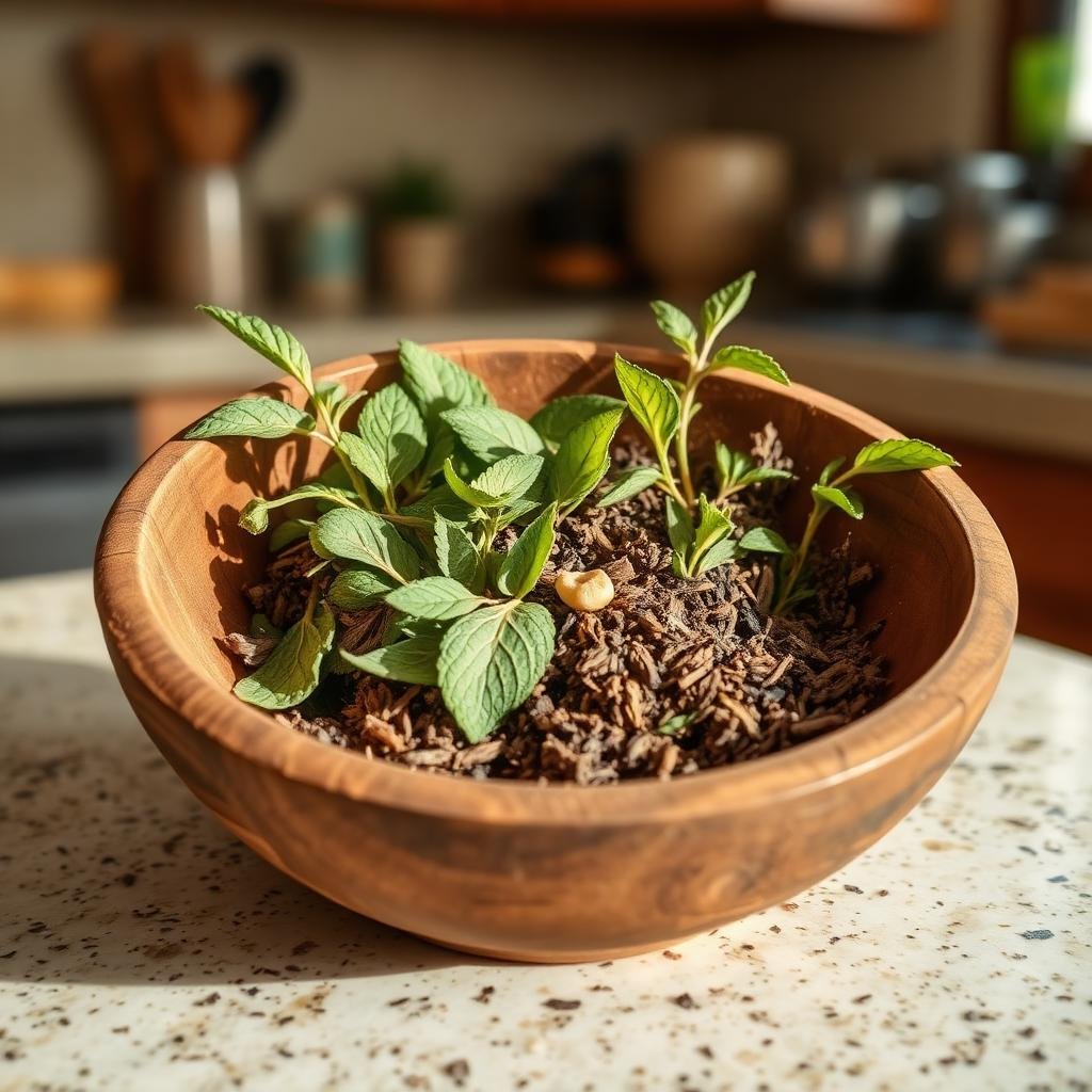 أعشاب طبيعية مجففة كالنعناع والشيح في وعاء خشبي لطرد الوزغ