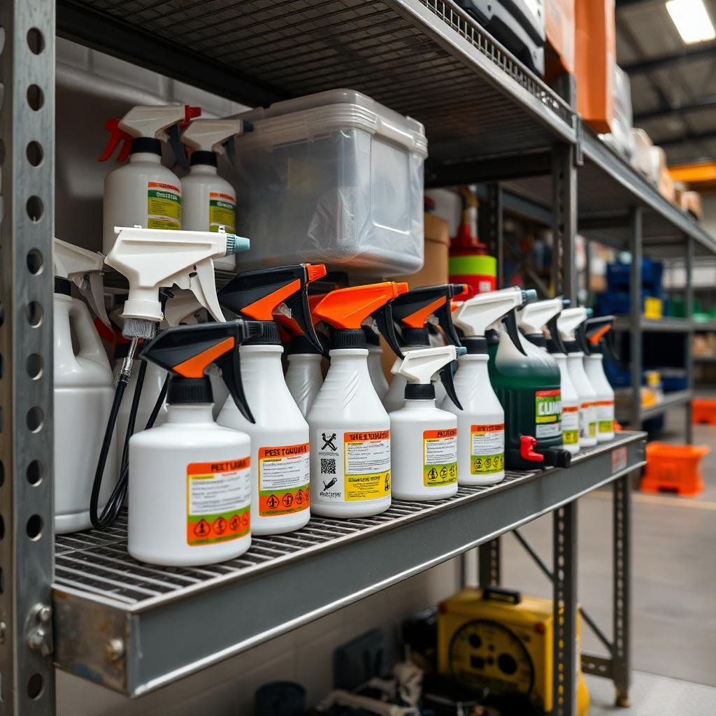 عبوات مبيدات رش احترافية مرتبة على رف معدني في مستودع مكافحة الآفات
