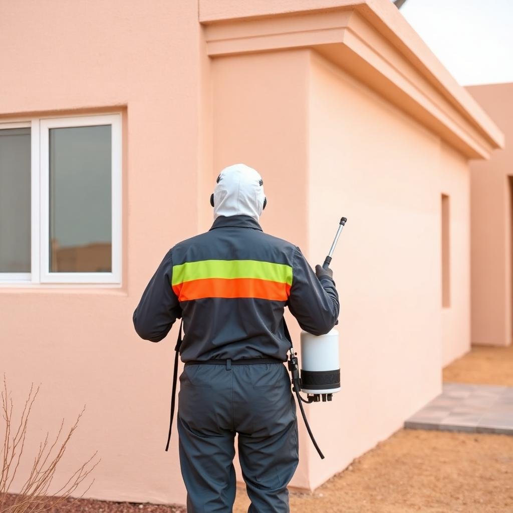 فني مكافحة حشرات يرش جدار خارجي لفيلا سعودية بمعدات احترافية
