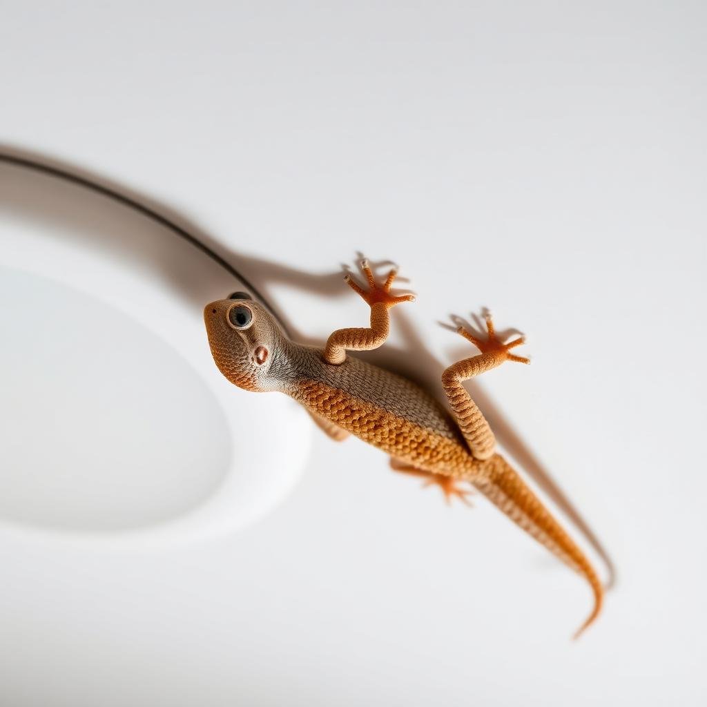 وزغ منزلي على سقف أبيض بالقرب من مصباح إضاءة داخلي