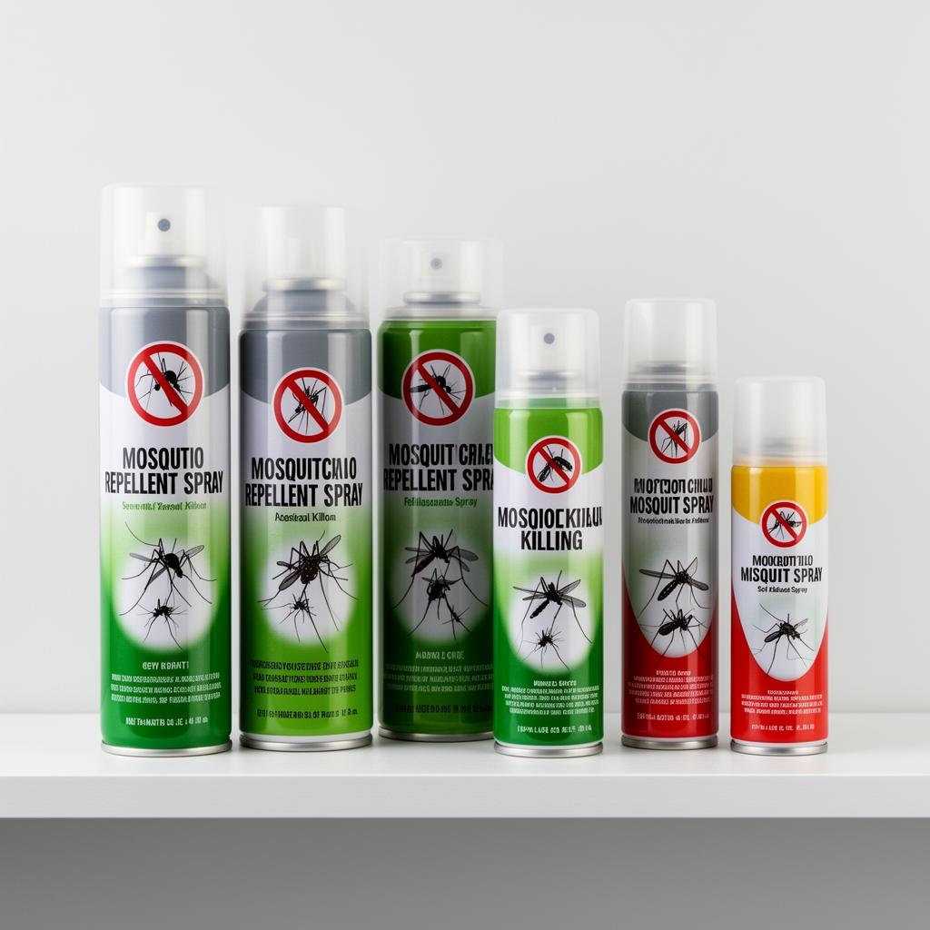 بخاخات ومبيدات ناموس منزلية متنوعة على رف