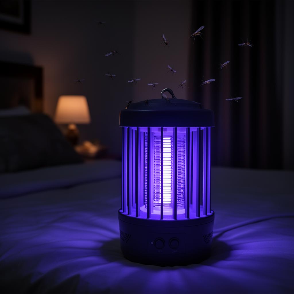 مصيدة ناموس كهربائية تعمل بالأشعة فوق البنفسجية في غرفة نوم ليلاً