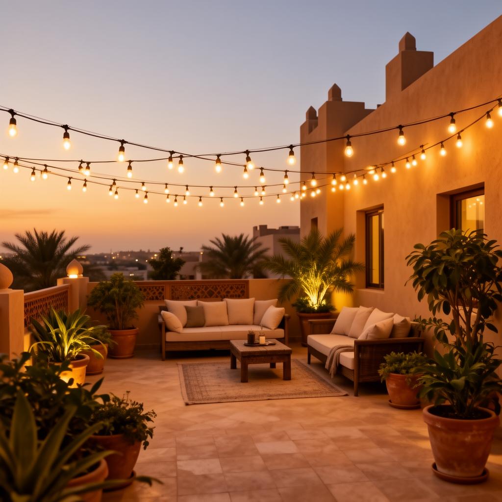 شرفة منزل سعودي محمية من الناموس والبعوض في المساء