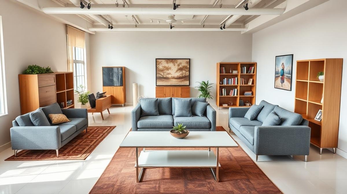 معرض أثاث مستعمل بجودة عالية مرتب في مساحة مضاءة