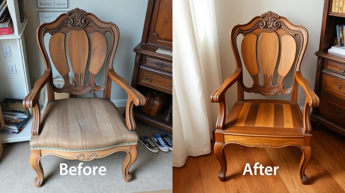 مقارنة قبل وبعد ترميم قطعة أثاث مستعمل