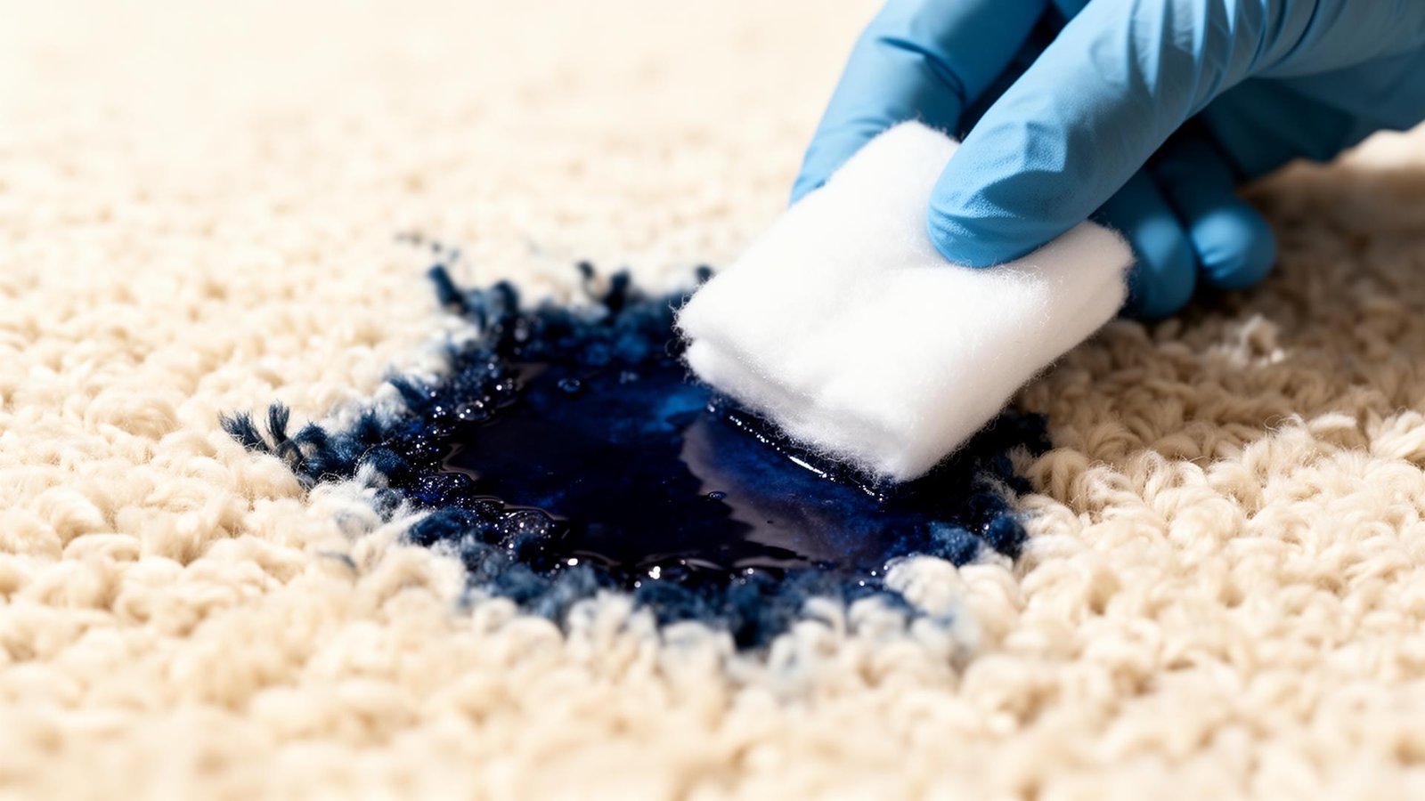إزالة بقعة حبر زرقاء من سجاد كريمي باستخدام كحول طبي وقطن