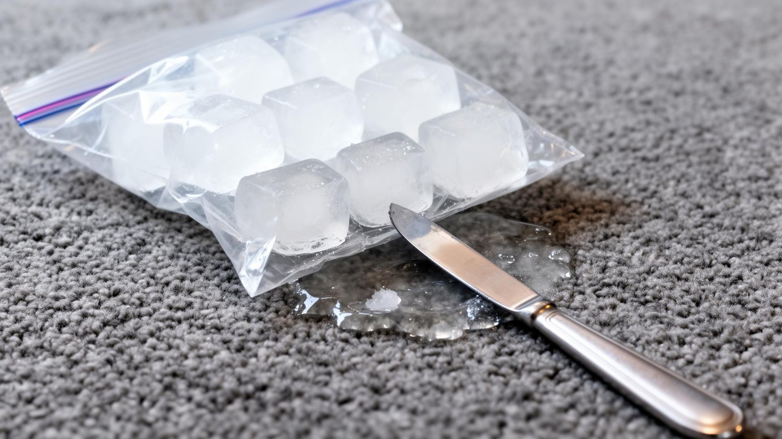 تقنية تجميد الشمع بالثلج على سجاد رمادي مع سكين لإزالة الشمع المتصلب