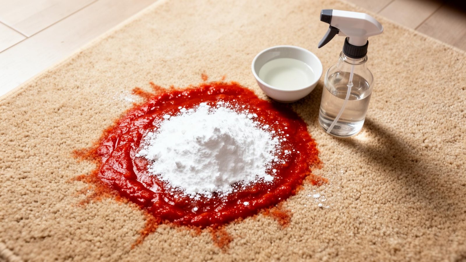 بيكربونات الصوديوم على بقعة صلصة حمراء على سجاد بيج مع خل ورشاش