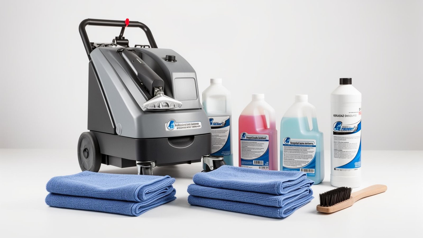 معدات تنظيف السجاد الاحترافية مع محاليل تنظيف وفرش ومناشف