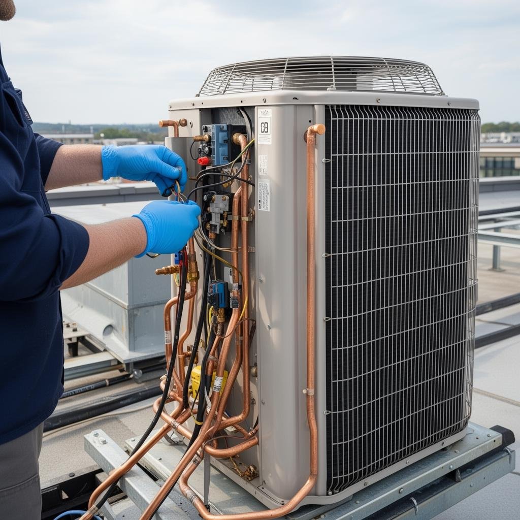 فني صيانة يفحص وحدة تكييف مركزي خارجية