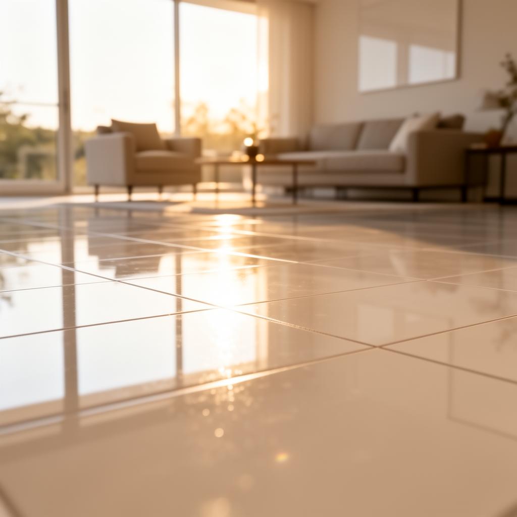 أرضية سيراميك لامعة ونظيفة بعد استخدام منظف أرضيات احترافي
