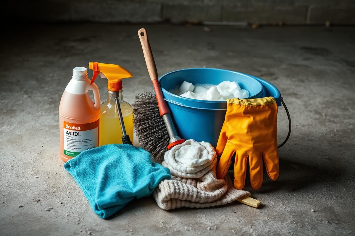 أدوات ومواد تنظيف ما بعد البناء: أسيد وفرشاة وقفازات ودلو