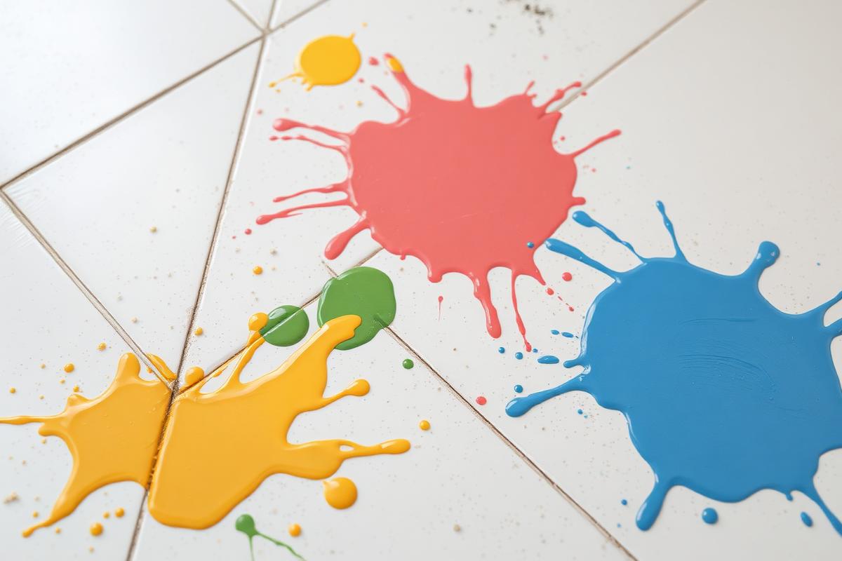 بقع بوية ودهان ملونة على سيراميك أبيض بعد أعمال الطلاء والتشطيب