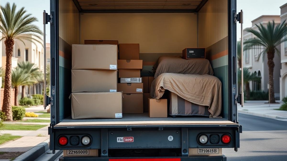 شاحنة نقل عفش احترافية محملة بصناديق وأثاث مغلف بحماية