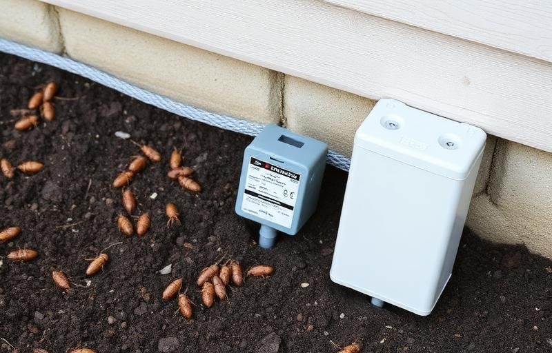 محطة طعوم النمل الأبيض مثبتة في التربة بالقرب من أساسات المبنى