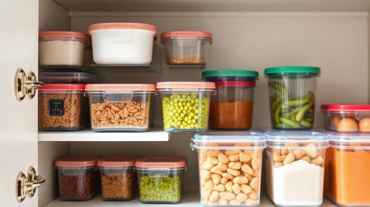 خزانة مطبخ نظيفة ومنظمة بحاويات محكمة الإغلاق للوقاية