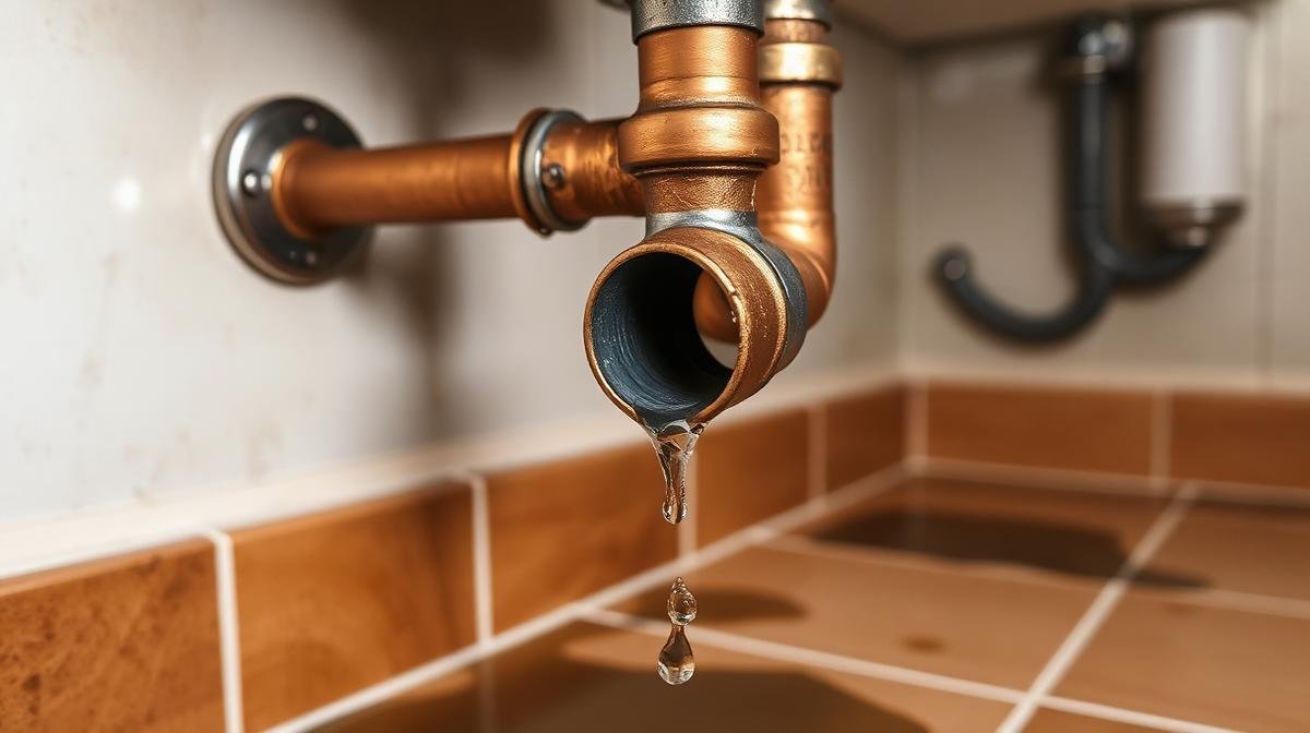 تسريب مياه من وصلة أنبوب نحاسي تحت حوض المطبخ