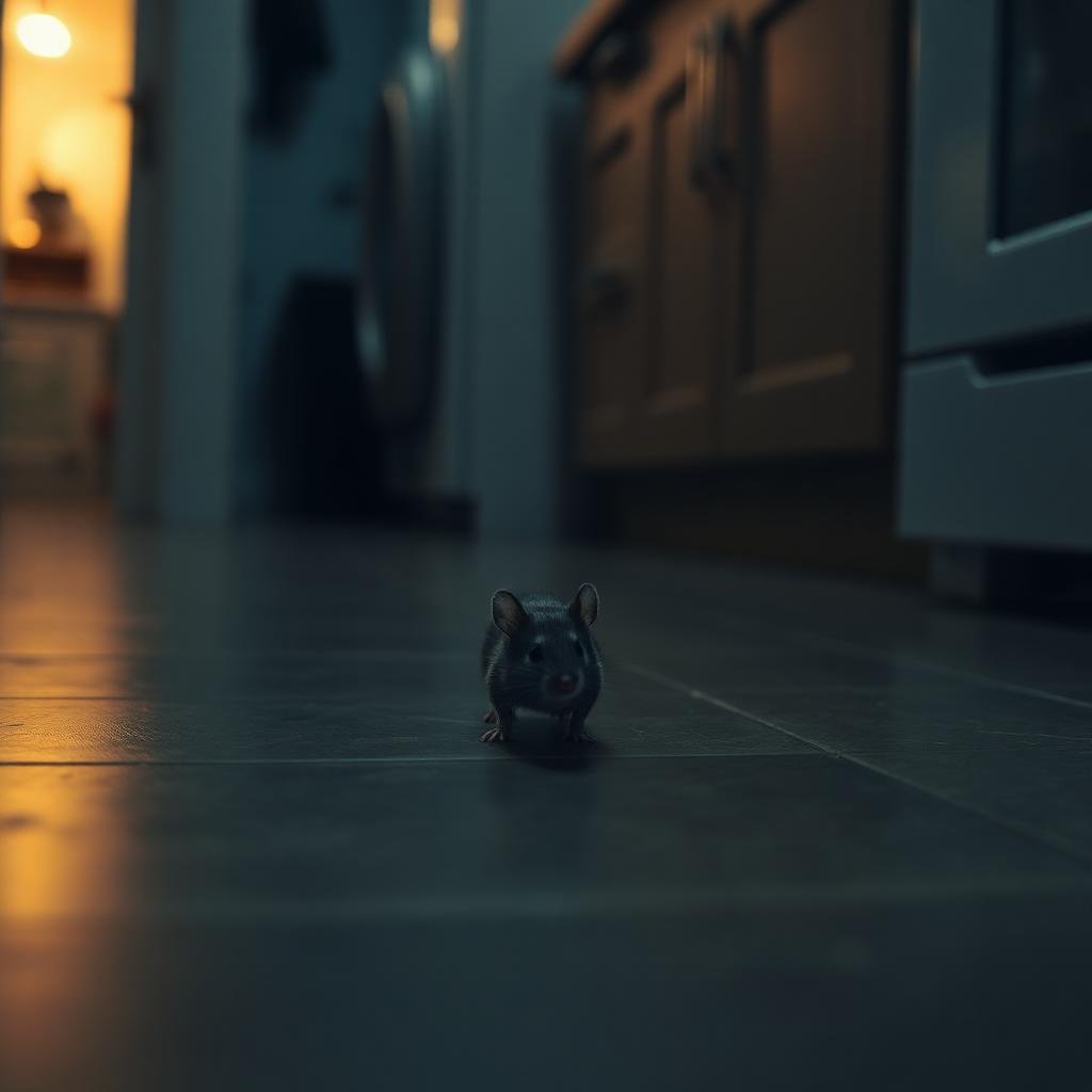 فأر في بيئة منزلية ليلاً يتحرك على أرضية المطبخ