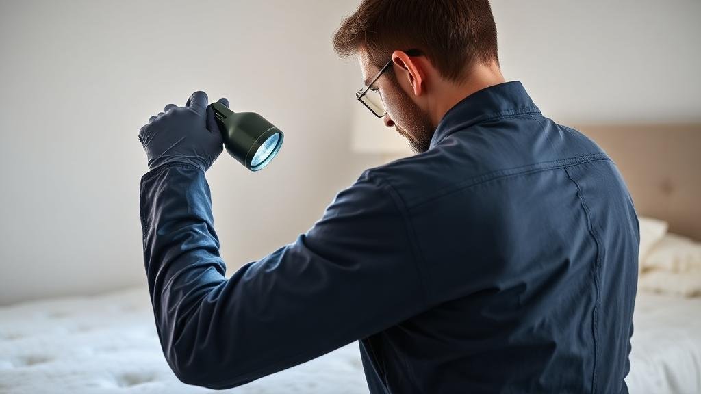 فني مكافحة حشرات يفحص مرتبة بمعدات احترافية ضمن برنامج المكافحة المتكاملة IPM