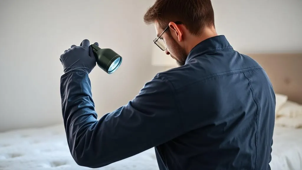 فني مكافحة حشرات محترف يفحص المرتبة بجهاز متخصص ضمن بروتوكول IPM