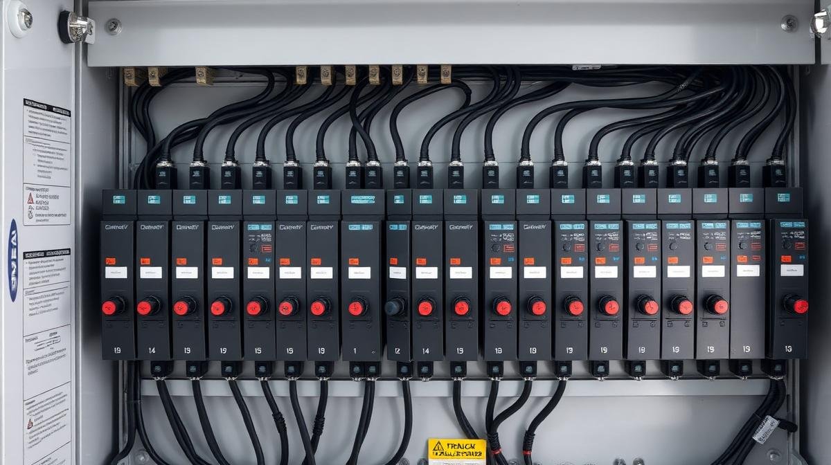 لوحة كهرباء حديثة مع قواطع دوائر منظمة ومعايير سلامة
